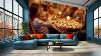 Close up of woman serving sweet pie during Thanksgiving meal with her family in dining room. Wall mural