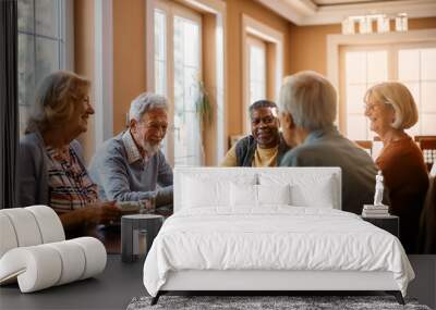 Happy seniors talk while eating lunch at residential care home. Wall mural