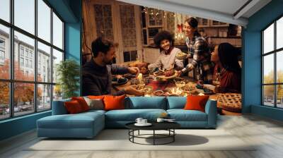 Happy woman bringing food at table while hosting Thanksgiving dinner. Wall mural