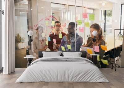 Young creative start up team brainstorming in front of mind map on glass wall. Wall mural