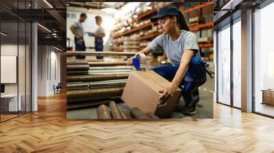 Young woman working in warehouse and taping cardboard box for shipment. Wall mural