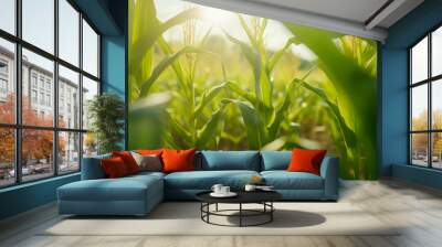 A vibrant cornfield with sunlit green stalks and tassels, capturing the vitality of growing crops under warm sunlight in a rural setting Wall mural