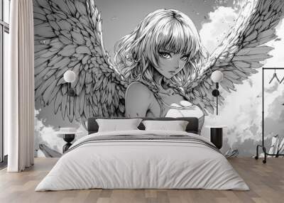 Detailed black and white anime-style illustration of a winged angelic woman with flowing hair, standing against a cloudy sky background Wall mural