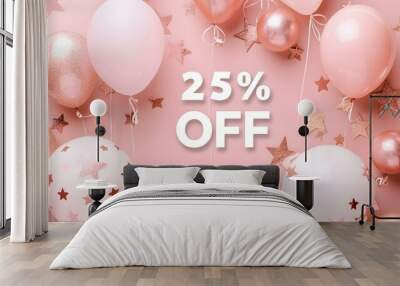 White '25% OFF' Promotional Sign on a Rose Gold Background with Copy Space Wall mural