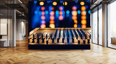 audio mixing control panel with buttons against background with de focused concert spotlights Wall mural