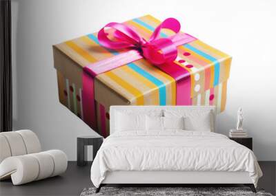 Birthday gift box wrapped in colorful paper isolated on transparent background Wall mural