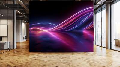 3d render. Abstract panoramic background of twisted dynamic neon lines glowing in the dark room with floor reflection. Virtual fluorescent ribbon loop. Fantastic minimalist, Generative AI Wall mural