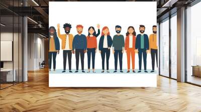 Group of happy people standing together, waving and inviting new customer, colleague. Concept of happy multiethnic team welcome newcomer. Flat  cartoon illustration isolated on, Generative AI Wall mural