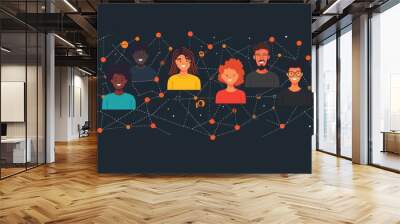 Networking concept with diverse people and dotted lines. Network banner  in flat design on dark grey background, Generative AI Wall mural