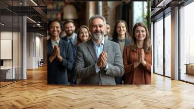 Portrait of diverse excited happy business people standing in office applauding and looking cheerful at the camera. Group of coworkers men and women smiling indoors. Team work, Generative AI Wall mural