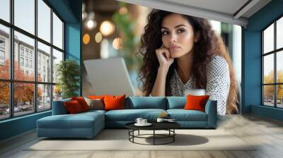 Serious thinking Latin American woman working inside office, businesswoman pondering complex decisions using laptop at work, Generative AI Wall mural