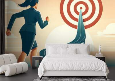 a businesswoman running towards a target on a winding road, set against a sunrise or sunset Wall mural