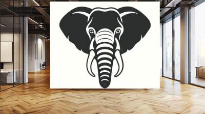 a black and white illustration of an elephant's head. The elephant has a large trunk with two tusks on either side. The head is facing towards the left side of the image and its eyes are large Wall mural