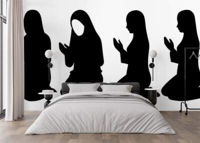 Muslim woman praying silhouette set black silhouette Wall mural