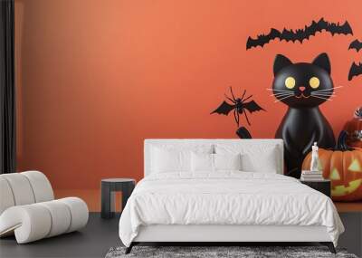 A festive Halloween scene featuring a black cat, carved pumpkins, bats, and colorful candies on an orange background. Wall mural