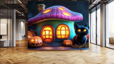 A whimsical Halloween scene featuring a colorful mushroom house, a black cat, glowing pumpkins, and eerie bats. Wall mural