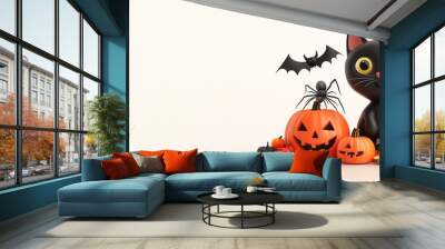 Playful Halloween scene featuring a cute black cat, pumpkins, and bats, perfect for festive decorations and autumn celebrations. Wall mural