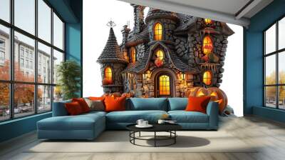 Spooky Halloween haunted house with carved pumpkins illuminated at night, perfect for holiday and festive themes. Wall mural