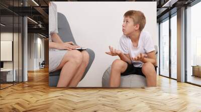 I don't know how Emotion . Confused Boy talking about his problems with mother. Family misunderstanding concept  Wall mural