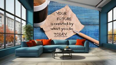 Inspiration motivation quotation your future is created by what you do today and cup of coffee Wall mural