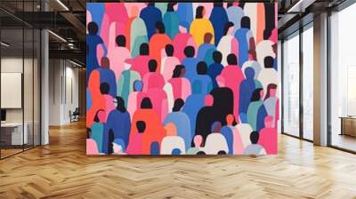 A Crowd of different men and women in a beautiful Gouache style risograph - Screenprint style poster artwork — PORTRAIT High Res - Pink, yellow, blue, black, green Wall mural