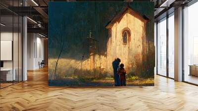 An old church , with Jesus and a child standing in front of it, a nostalgic vintage feel, painted in oils, loosely rendered with beautiful lighting, illustration Wall mural