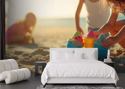 Kids playing at the beach in the sand and water, building sand castles, with short aperture focus — Children's portrait with sunshine and holiday vibes Wall mural