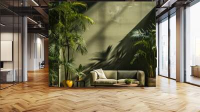 Minimalist tropical green interior living room, interior design space with sunlight flowing the blinds, with sofa, chair, furniture, ferns, plants Wall mural