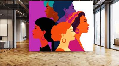 Women's beauty. Three different female faces, in profile using a square, vector style illustration. Bright bold colours. Diverse ethnicities and designs. Wall mural