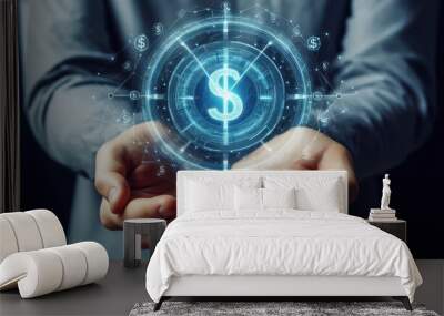 A close-up view of hands cupping a holographic clock icon surrounded by dollar signs, time management, financial planning, investment strategy, minimalist futuristic concept Wall mural