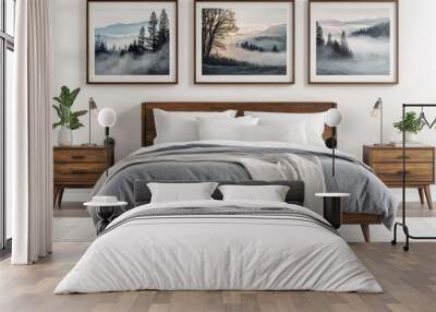 A cozy bedroom interior, wooden bed frame with gray bedding, two nightstands with table lamps, three framed landscape photos on the wall depicting trees and misty scenery, minimalist decor with a pott Wall mural