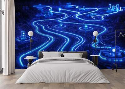 A futuristic circuit board landscape with glowing blue energy paths weaving, intricate maze-like patterns, circuit board texture, neon light trails, quantum computing concept Wall mural