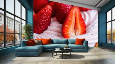 A macro photography of a pink creamy dessert topped with fresh strawberries, intricate swirls of whipped cream, closeup texture of the smooth and fluffy cream, vibrant red color of the ripe berries ag Wall mural