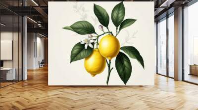 A minimalist botanical illustration of a lemon tree branch, detailed line art leaves and stems, realistic shaded yellow ripe lemons, nature floral elements Wall mural