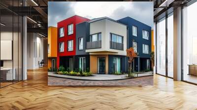 A panoramic view of a modern row of colorful townhouses, suburban residential architecture with a contemporary design, lush green landscaping, cloudy blue sky, red brick facades with large windows, ba Wall mural