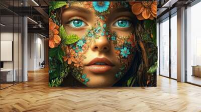 A portrait of a young woman, her face adorned with intricate flower petal patterns, her turquoise eyes piercing through the foliage, orange and blue flowers surrounding her face, soft freckles dotting Wall mural