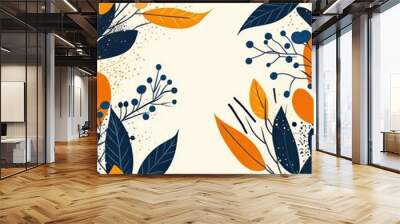 A seamless pattern with abstract botanical elements, vibrant autumn leaves in shades of orange and navy blue, swirling branches, berries and geometric shapes, vintage floral folk art design with a mod Wall mural