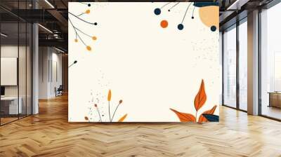 A seamless pattern with abstract botanical elements, vibrant autumn leaves in shades of orange and navy blue, swirling branches, berries and geometric shapes, vintage floral folk art design with a mod Wall mural