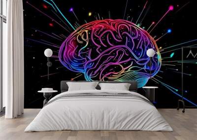 A surreal illustration of a stylized, neon-colored human brain with intricate swirling patterns resembling neural pathways, glowing brightly against a black background with light streaks and particles Wall mural