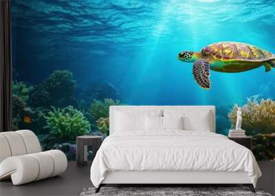 A vibrant and colorful underwater scene, panoramic ocean view with sunrays piercing through the water's surface, diverse coral reef teeming with tropical fish, sea turtles swimming gracefully, school  Wall mural