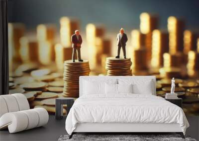 A whimsical and surreal scene depicting two tiny figurines standing atop stacks of golden coins, surrounded by scattered coins on a blurred background, a metaphor for wealth disparity and financial in Wall mural