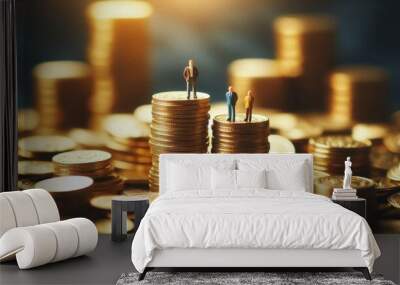 A whimsical and surreal scene depicting two tiny figurines standing atop stacks of golden coins, surrounded by scattered coins on a blurred background, a metaphor for wealth disparity and financial in Wall mural