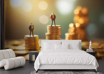 A whimsical and surreal scene depicting two tiny figurines standing atop stacks of golden coins, surrounded by scattered coins on a blurred background, a metaphor for wealth disparity and financial in Wall mural