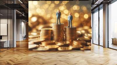 A whimsical and surreal scene depicting two tiny figurines standing atop stacks of golden coins, surrounded by scattered coins on a blurred background, a metaphor for wealth disparity and financial in Wall mural