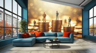 A whimsical and surreal scene depicting two tiny figurines standing atop stacks of golden coins, surrounded by scattered coins on a blurred background, a metaphor for wealth disparity and financial in Wall mural