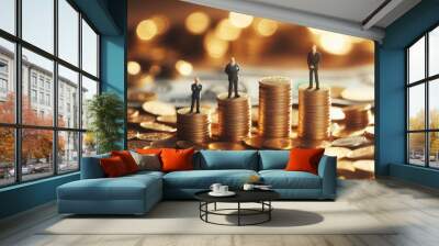 A whimsical and surreal scene depicting two tiny figurines standing atop stacks of golden coins, surrounded by scattered coins on a blurred background, a metaphor for wealth disparity and financial in Wall mural