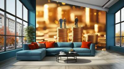 A whimsical and surreal scene depicting two tiny figurines standing atop stacks of golden coins, surrounded by scattered coins on a blurred background, a metaphor for wealth disparity and financial in Wall mural