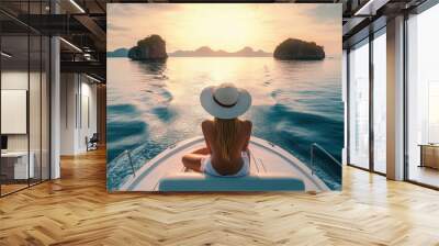 a woman in a hat sitting on the front of a boat, islands in the distance, ocean waves, sunlight reflecting on water, tropical vacation scenery, dreamy atmosphere Wall mural