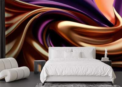 Abstract fluid swirls, metallic copper and gold tones, smooth flowing curves, dark purple accents, glossy satin texture, dynamic movement, elegant drapery effect, rich color gradients, luxurious fabri Wall mural