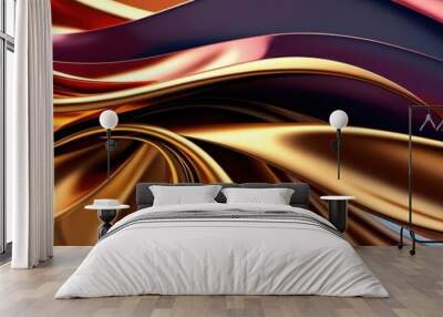 Abstract fluid swirls, metallic copper and gold tones, smooth flowing curves, dark purple accents, glossy satin texture, dynamic movement, elegant drapery effect, rich color gradients, luxurious fabri Wall mural